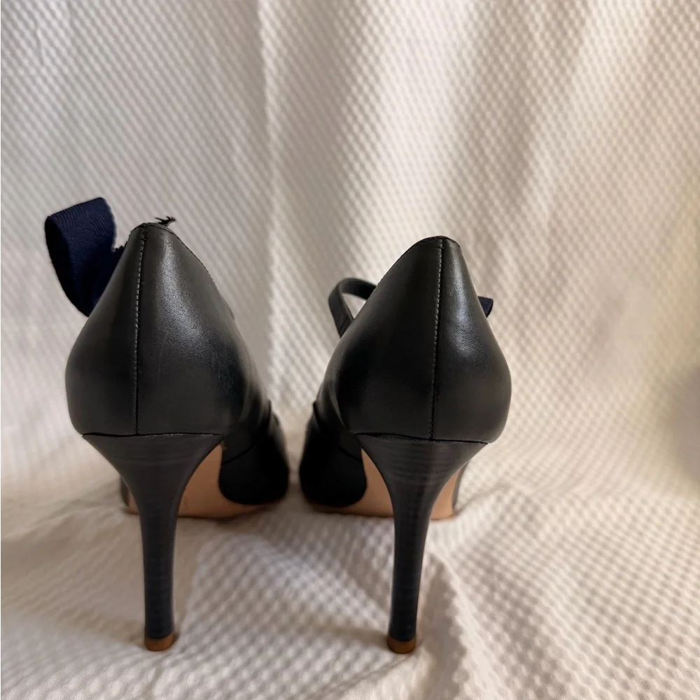 Tory Burch Balletcore Bow Kitten Navy Heels Size 6.5 All Leather NWOB